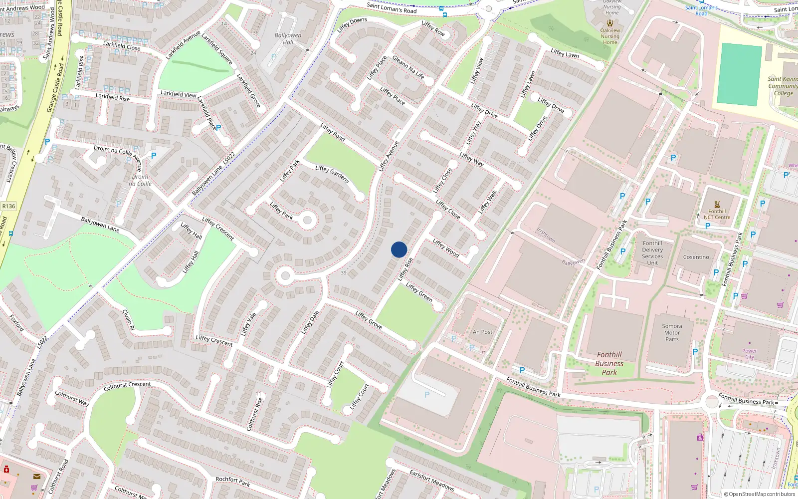 Overhead map showing the location of 21 Liffey Rise, Lucan