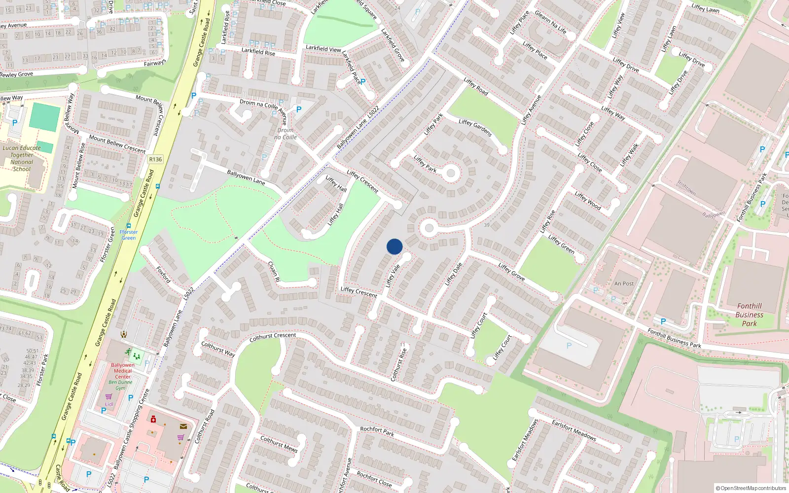 Overhead map showing the location of 21 Liffey Vale, Lucan