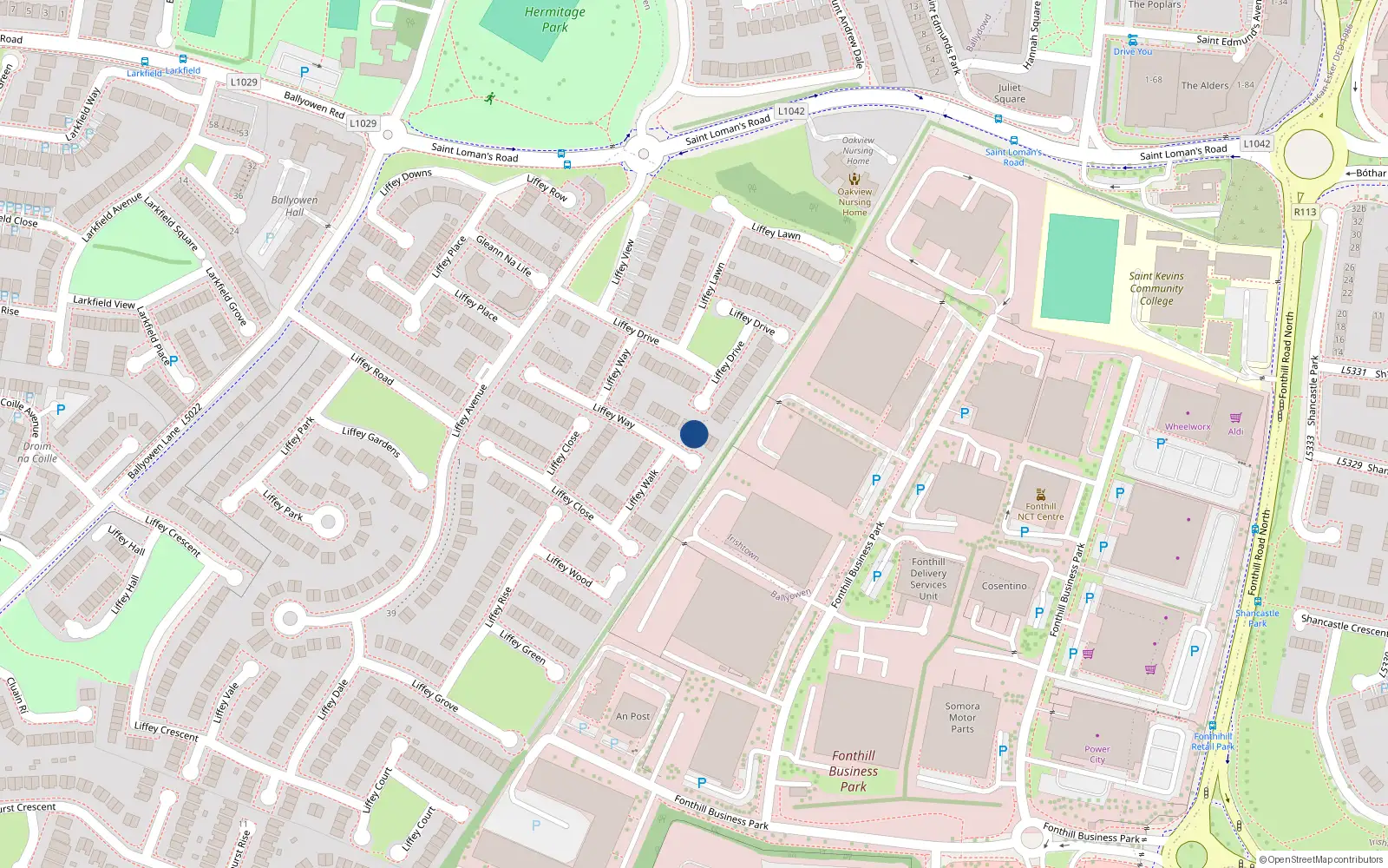 Overhead map showing the location of 21 Liffey Way, Liffey Valley Park, Lucan