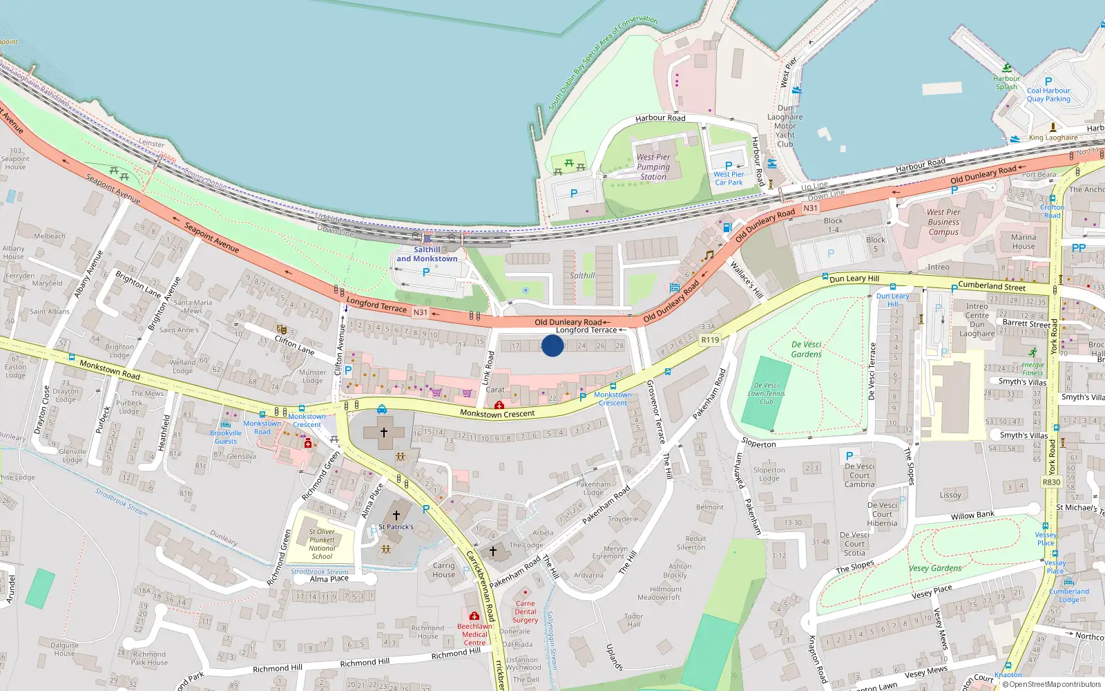 Overhead map showing the location of 21 Longford Terrace, Monkstown