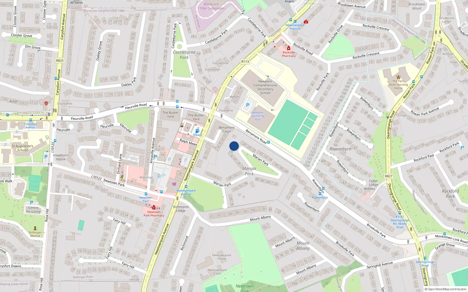 Overhead map showing the location of 21 Marian Park, Blackrock