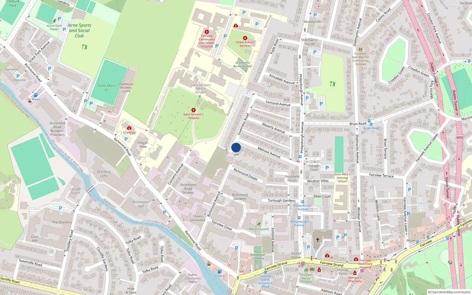 Overhead map showing the location of 21 Melrose Avenue, Fairview, Dublin 3