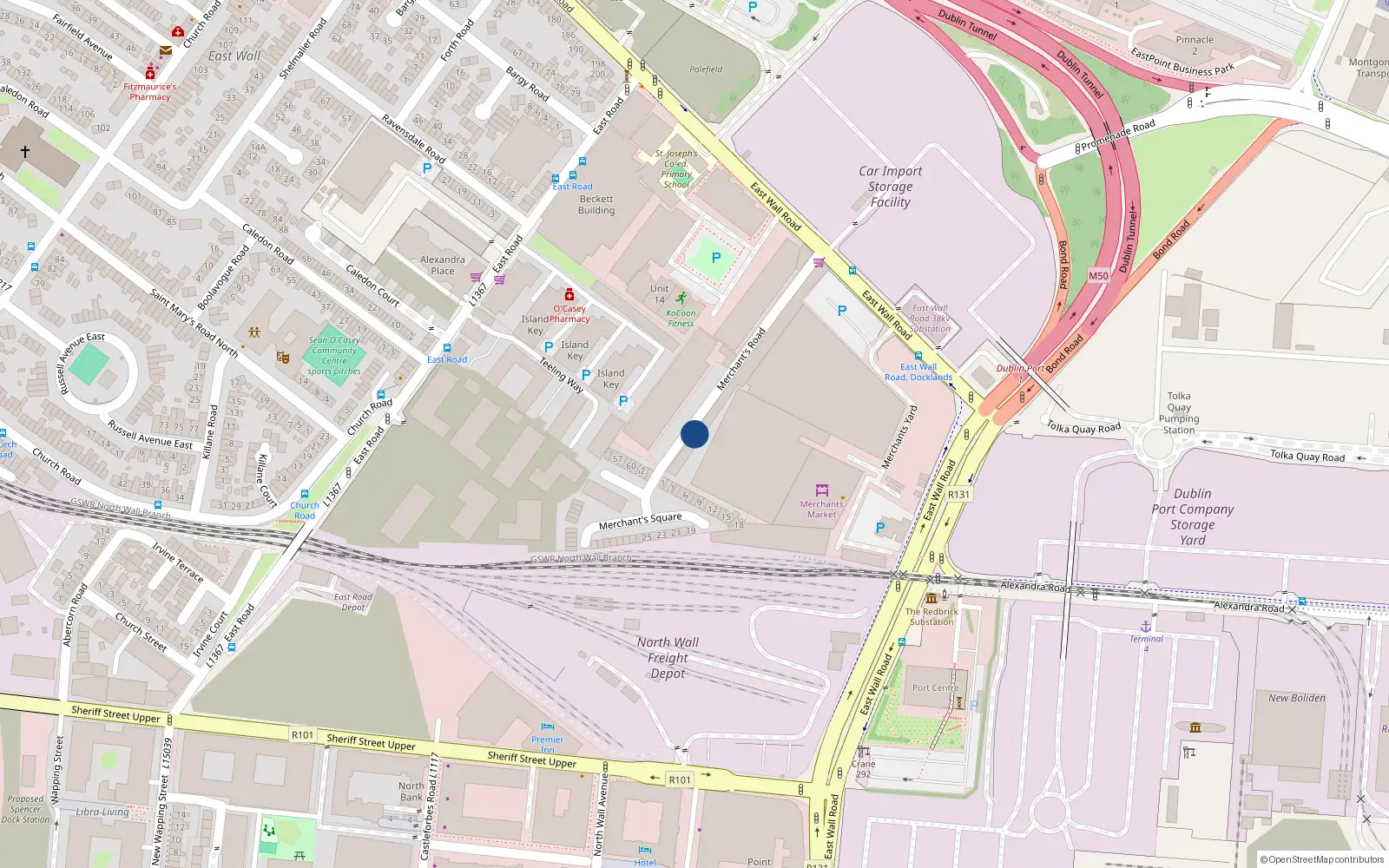 Overhead map showing the location of 21 Merchants Road, East Wall, Dublin 3