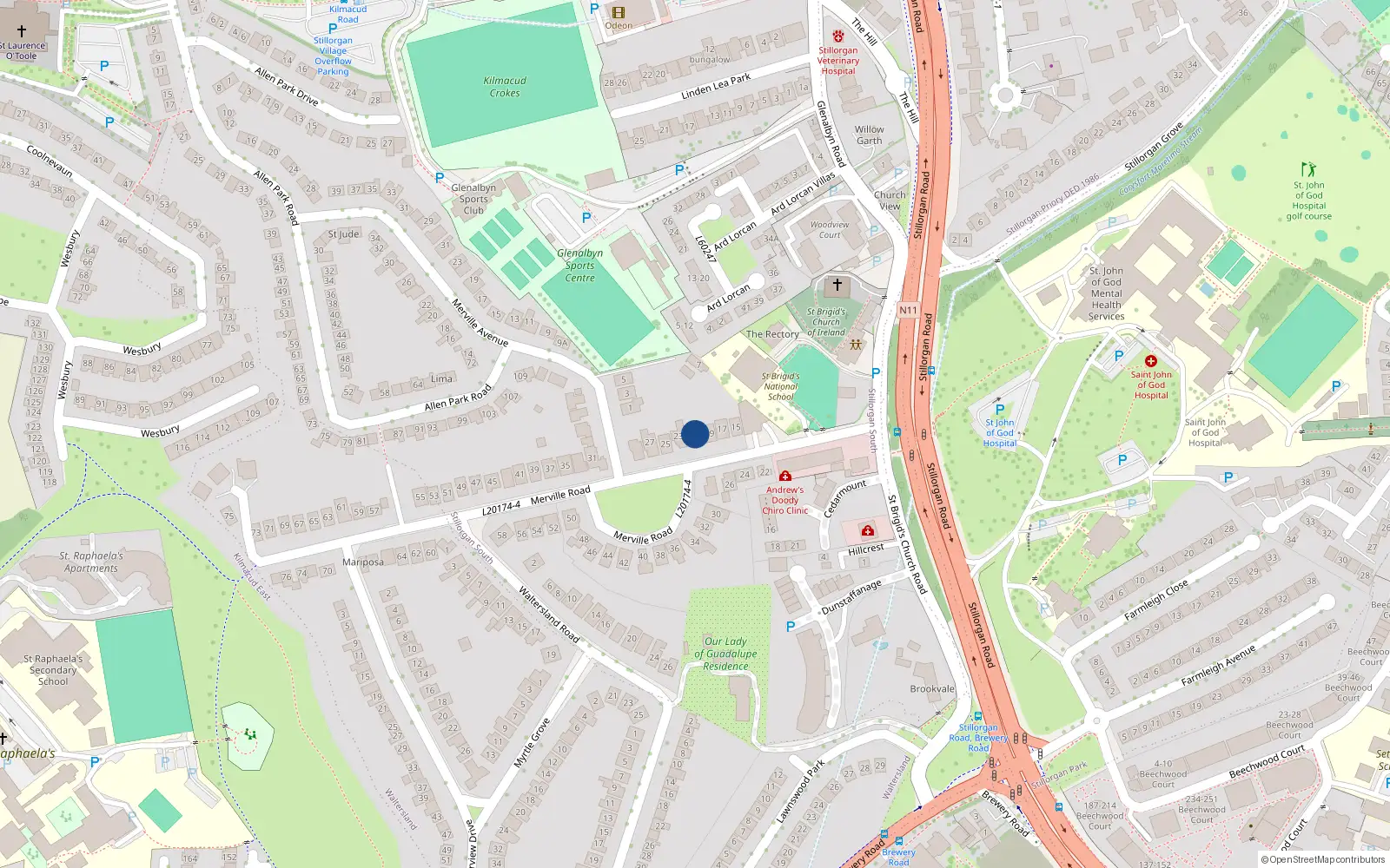 Overhead map showing the location of 21 Merville Road, Dublin