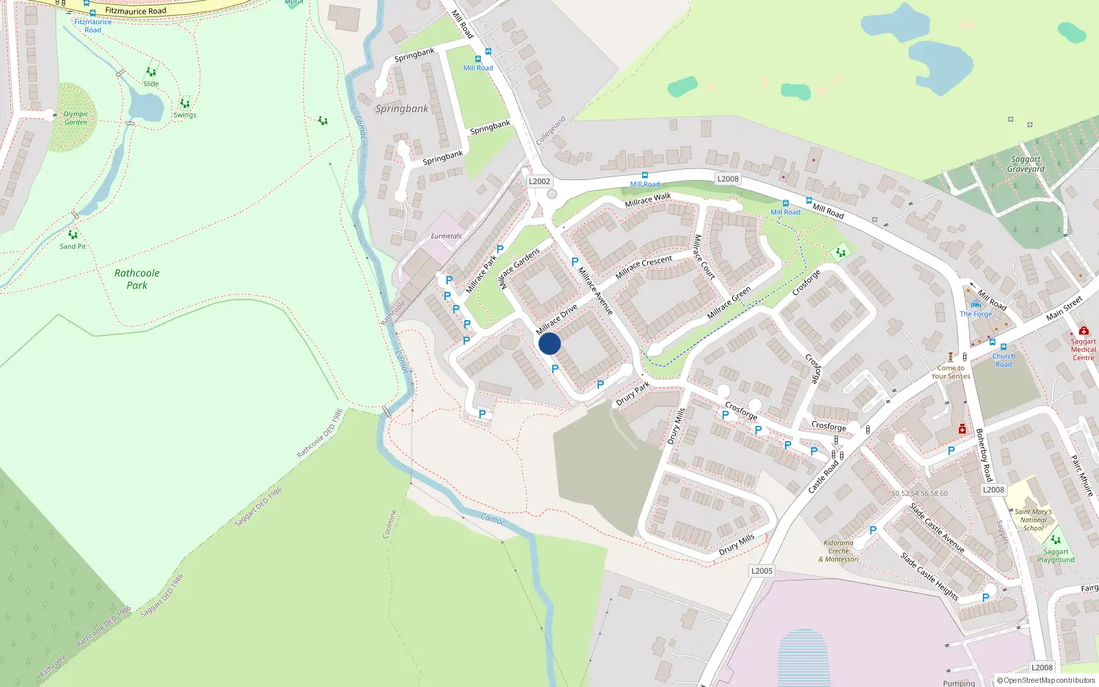 Overhead map showing the location of 21 Millrace Drive, Saggart