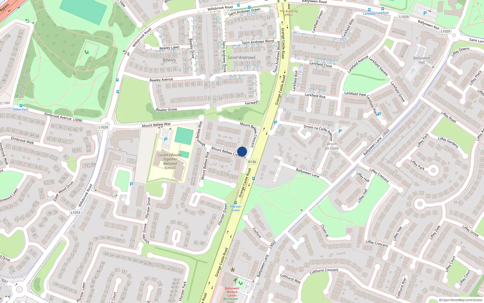 Overhead map showing the location of 21 Mount Bellew Crescent, Lucan