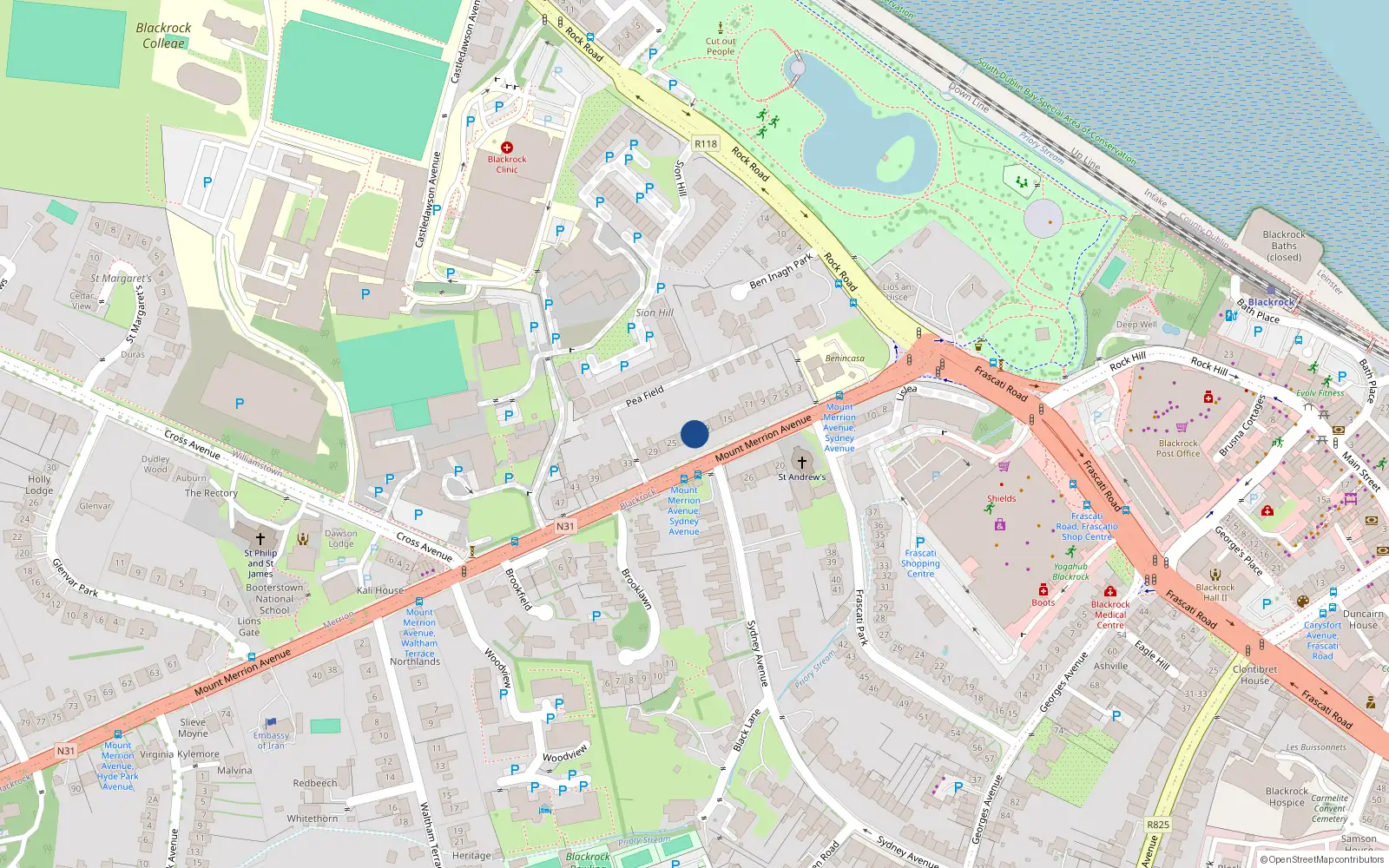 Overhead map showing the location of 21 Mount Merrion Avenue, Blackrock