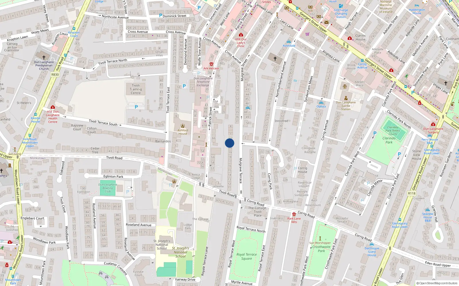 Overhead map showing the location of 21 Mulgrave Terrace, Dun Laoghaire, Dublin