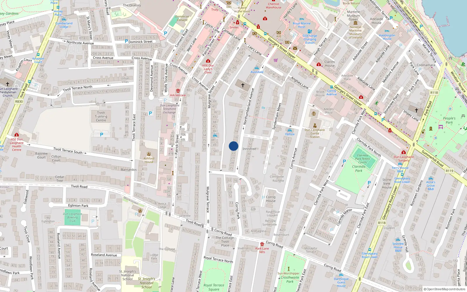 Overhead map showing the location of 21 Northumberland Avenue, Dublin