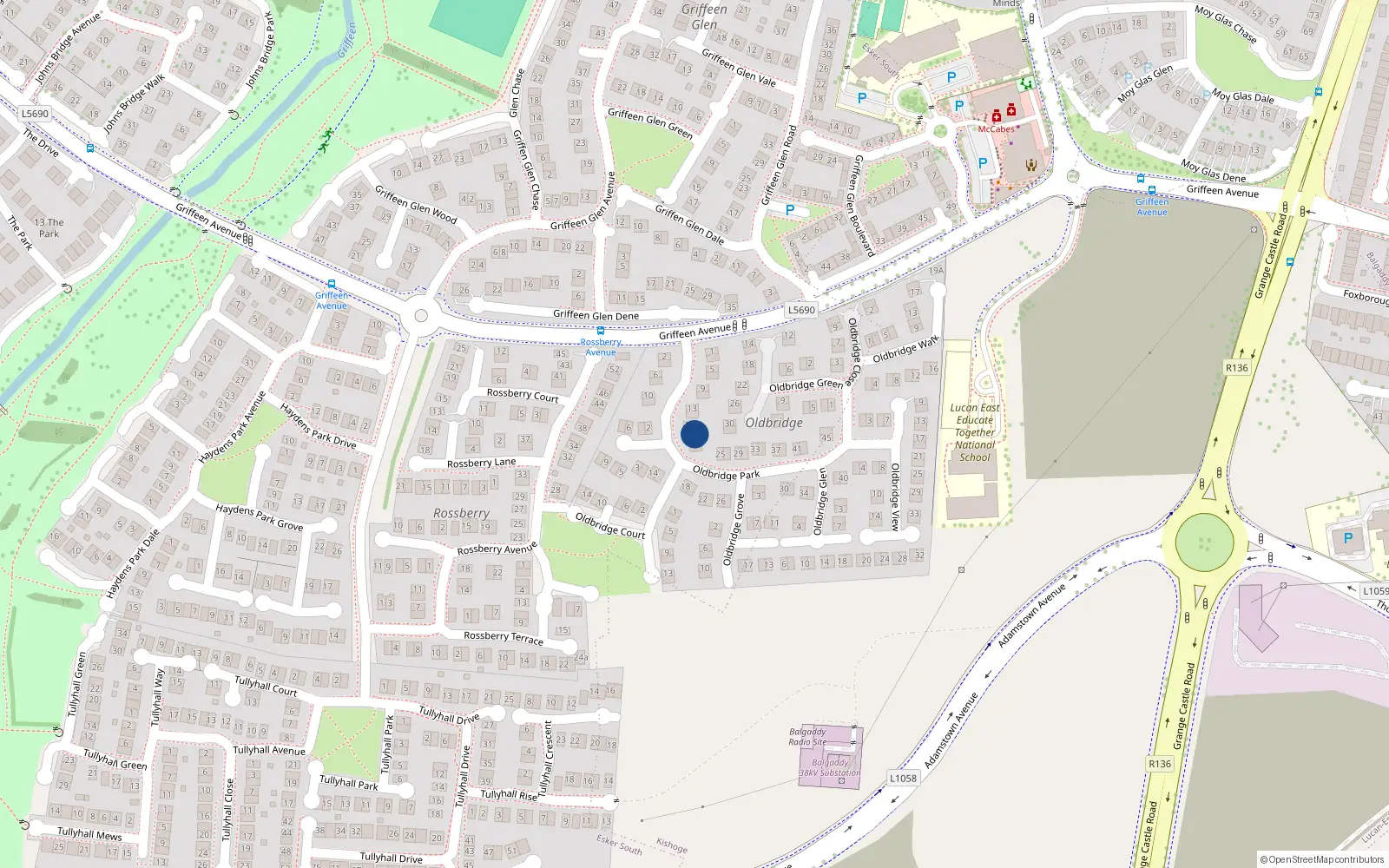Overhead map showing the location of 21 Oldbridge Park, Lucan