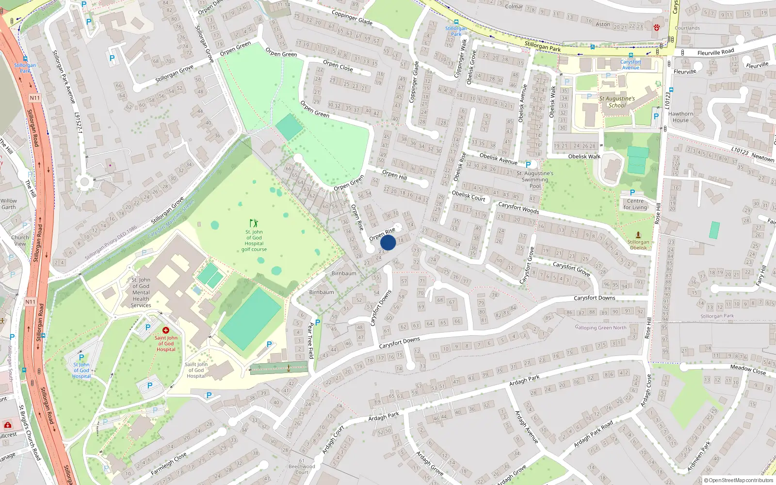 Overhead map showing the location of 21 Orpen Rise, Blackrock