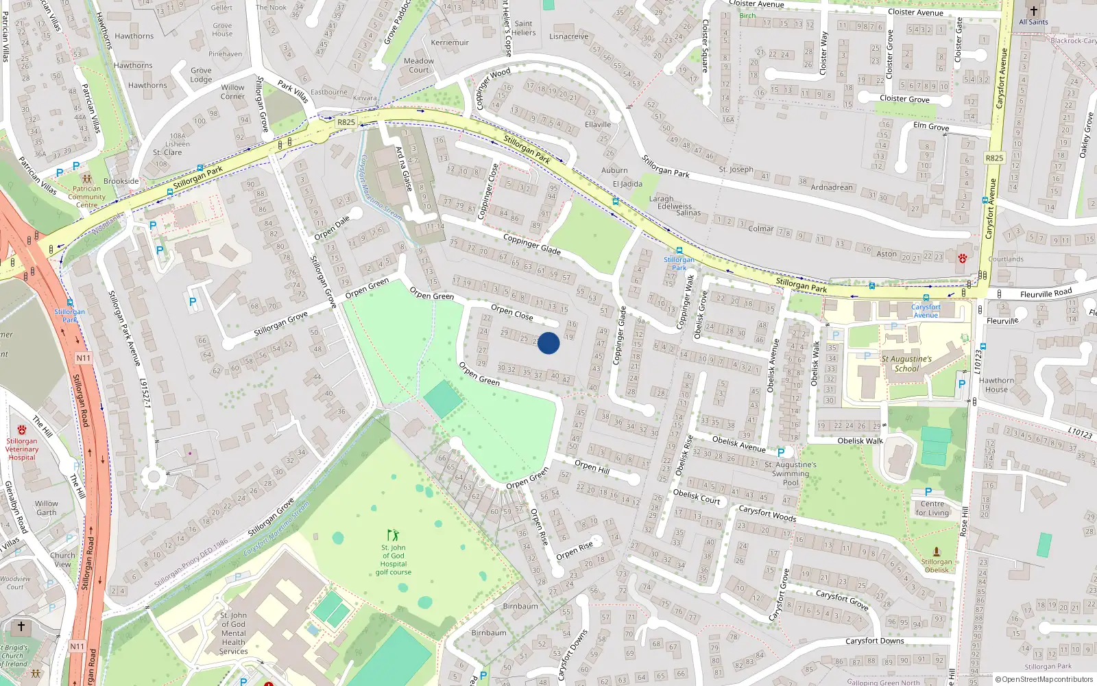 Overhead map showing the location of 21 Orphen Close, Stillorgan, Dublin