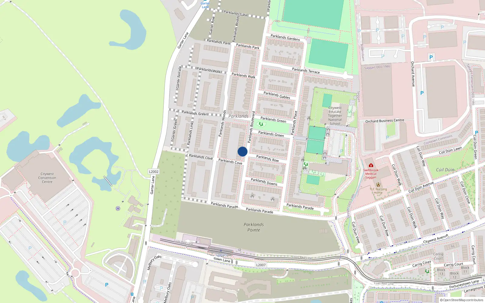 Overhead map showing the location of 21 Parklands Boulevard, Saggart