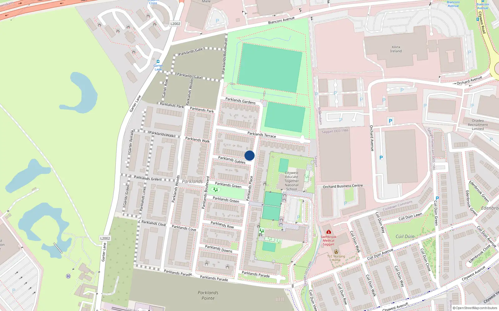Overhead map showing the location of 21 Parklands Place, Saggart