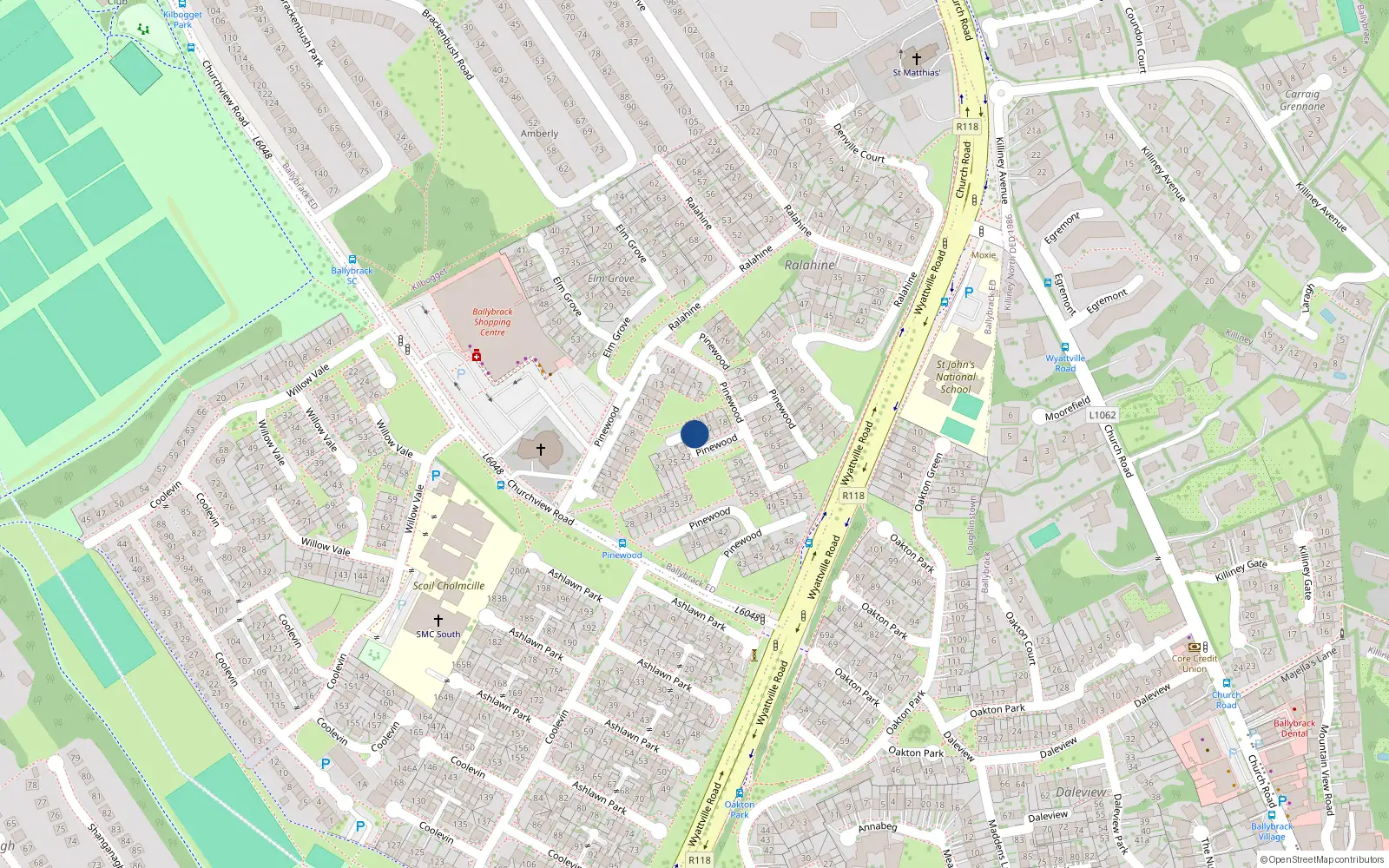 Overhead map showing the location of 21 Pinewood, Ballybrack
