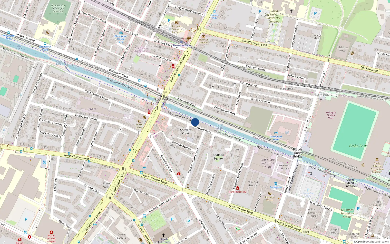 Overhead map showing the location of 21 Portland Lock, Royal Canal, Dublin 1