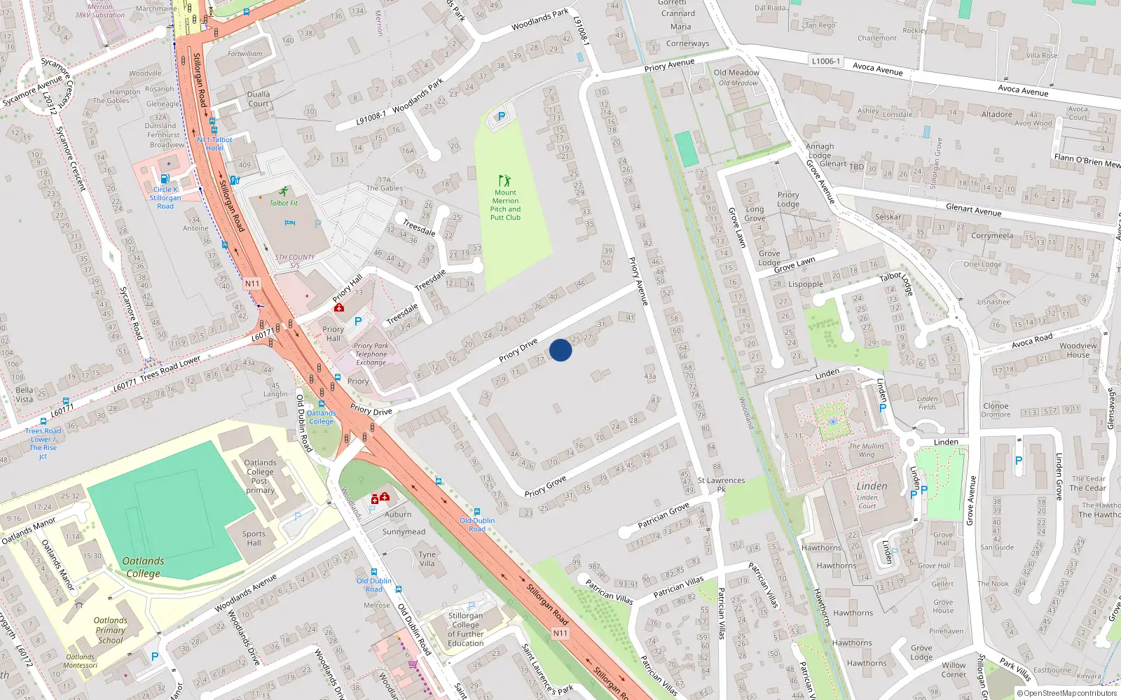 Overhead map showing the location of 21 Priory Drive, Dublin