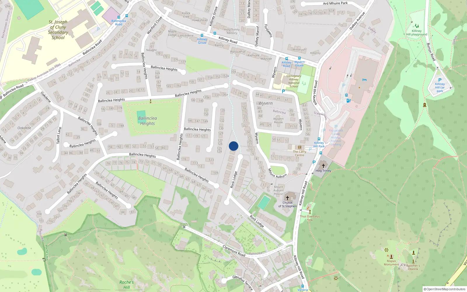 Overhead map showing the location of 21 Rock Lodge, Killiney