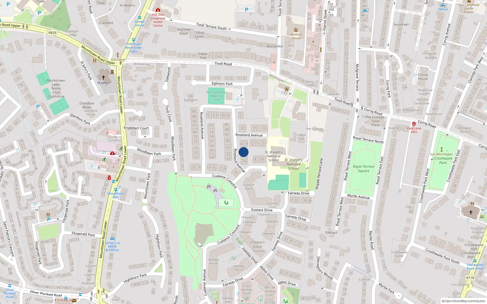 Overhead map showing the location of 21 Roseland Avenue, Dun Laoghaire