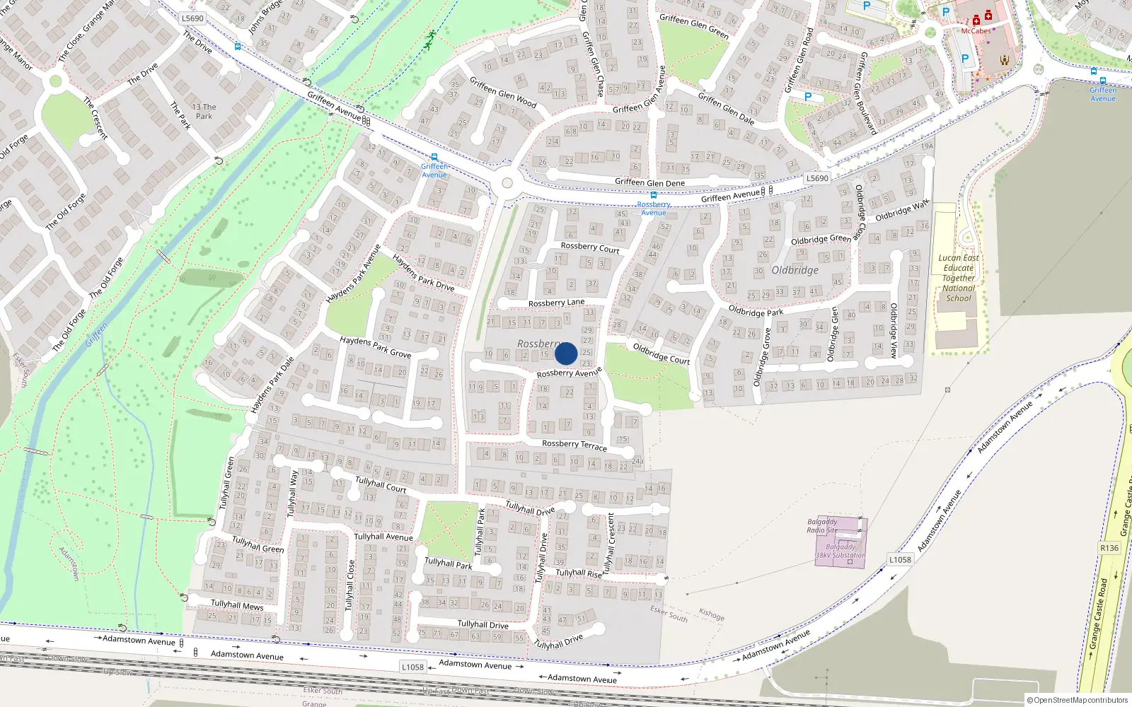 Overhead map showing the location of 21 Rossberry Avenue, Lucan