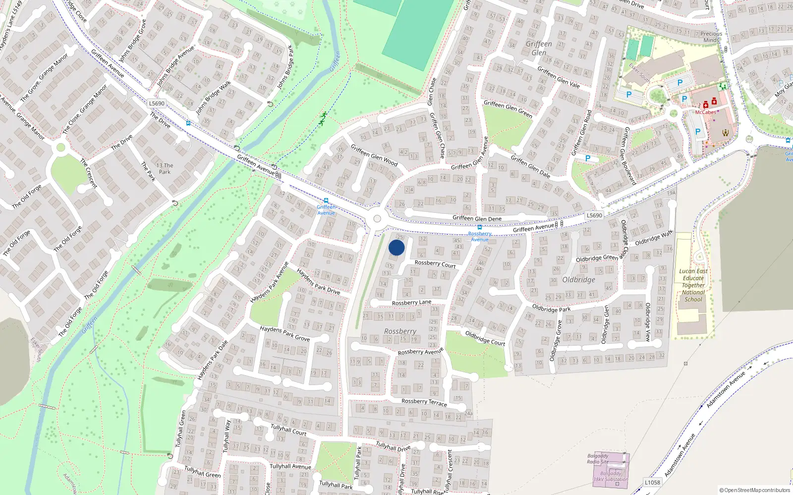 Overhead map showing the location of 21 Rossberry Court, Lucan