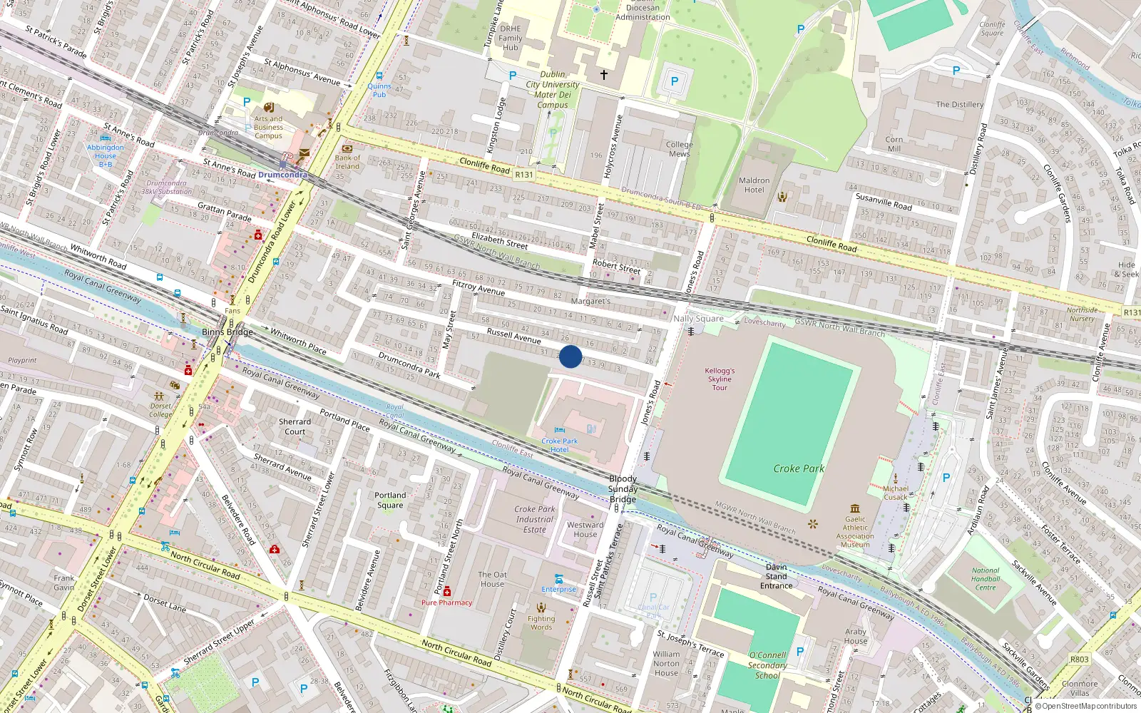 Overhead map showing the location of 21 Russell Avenue Clonliffe Road, Dublin 3, Dublin