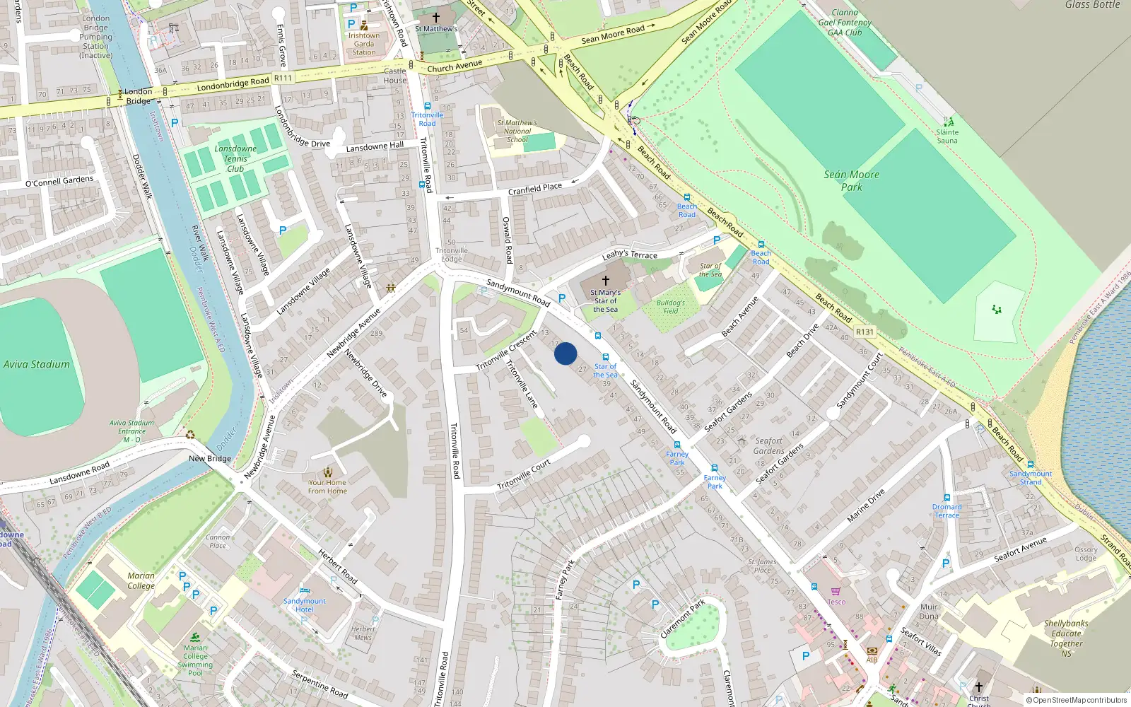 Overhead map showing the location of 21 Sandymount Road, Sandymount