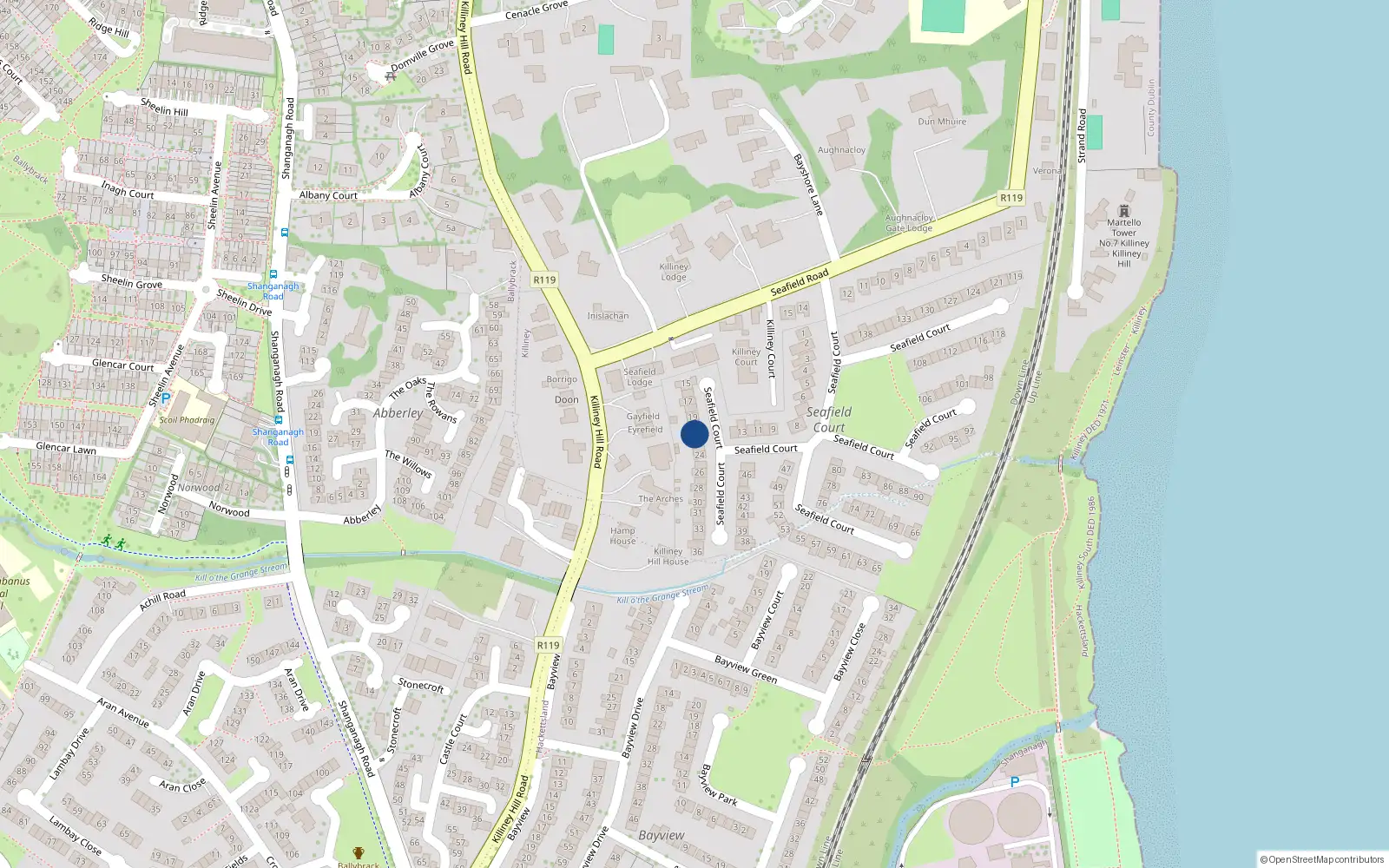 Overhead map showing the location of 21 Seafield Court, Killiney
