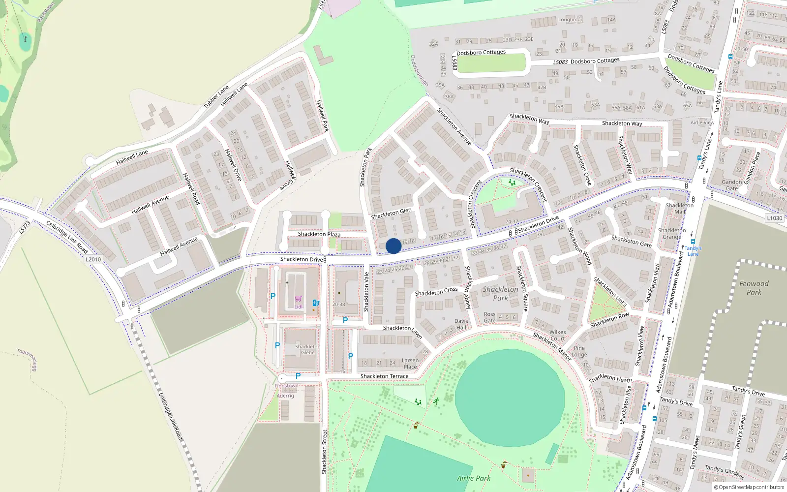 Overhead map showing the location of 21 Shackleton Drive, Lucan