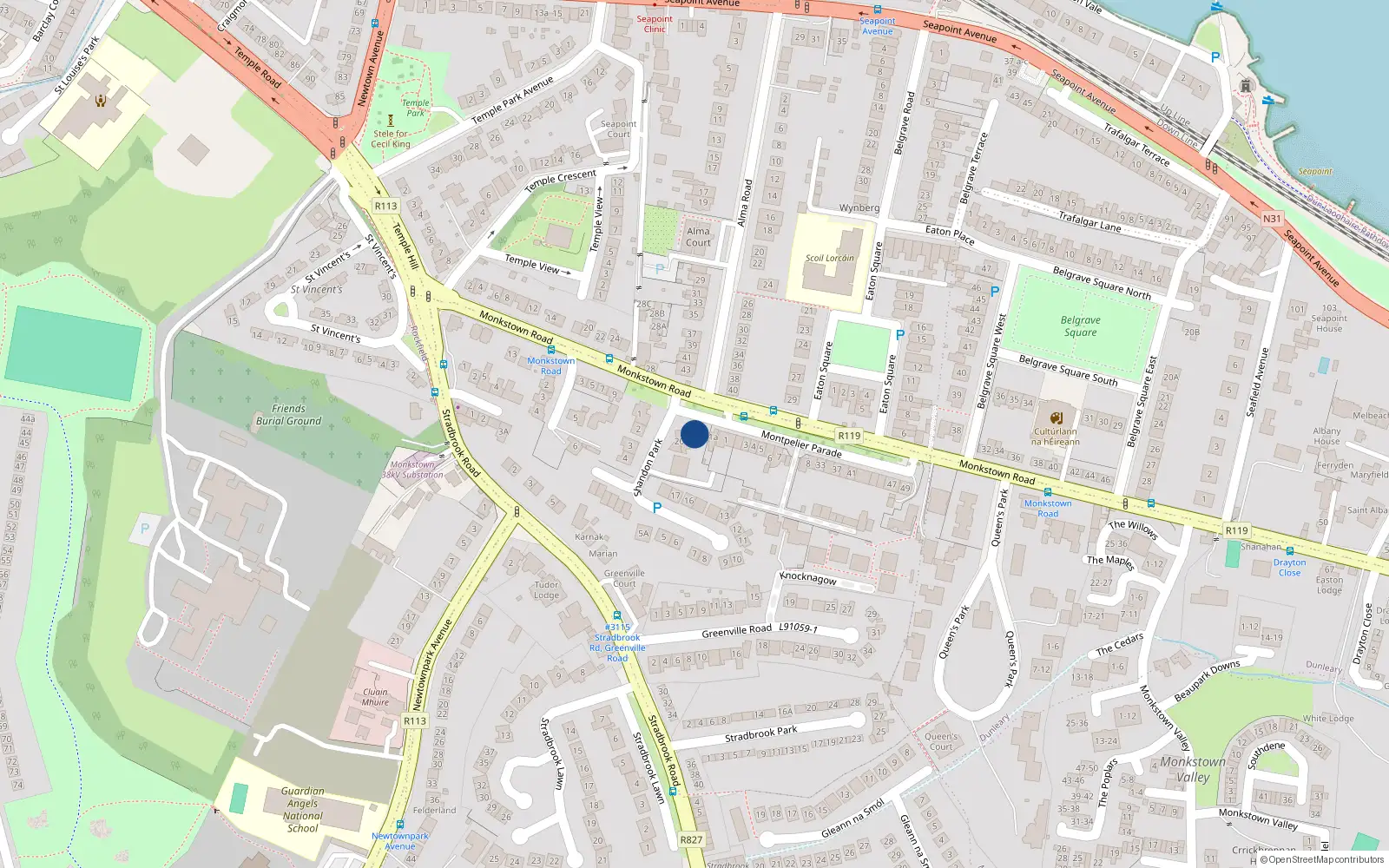 Overhead map showing the location of 21 Shandon Park, Monkstown