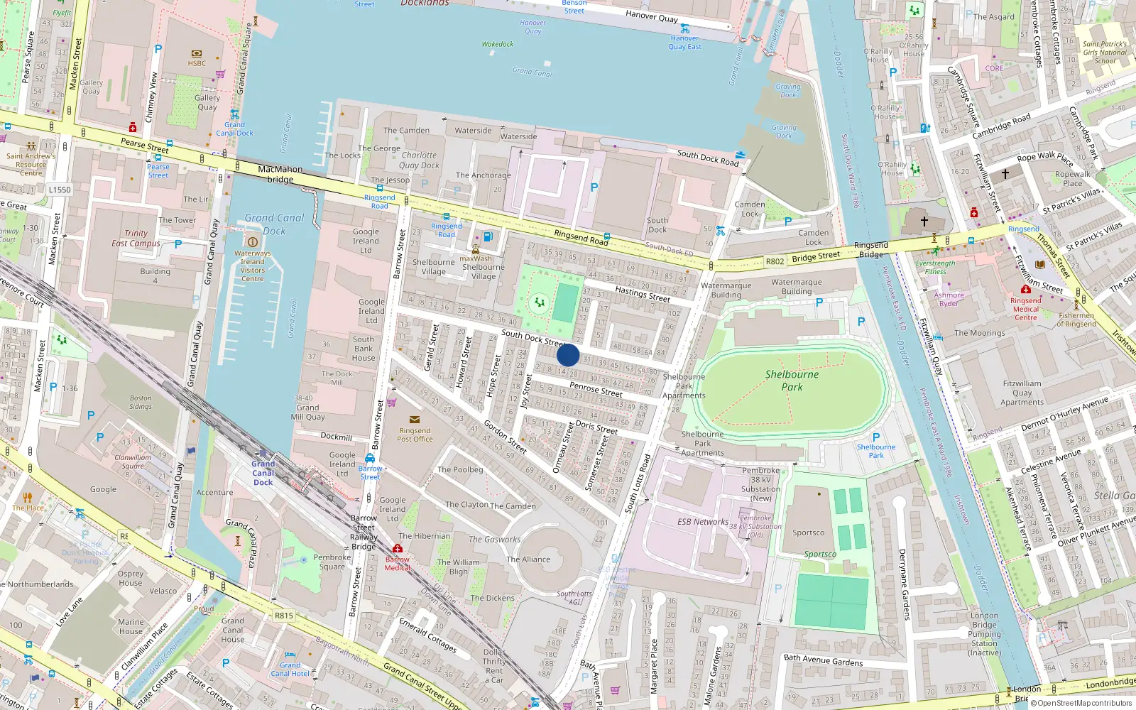 Overhead map showing the location of 21 South Dock Street, Dublin 4