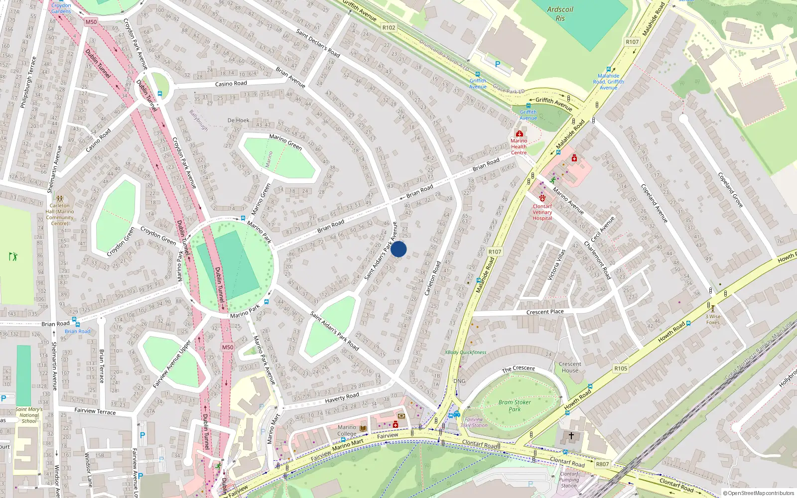 Overhead map showing the location of 21 St Aidans Park Avenue, Marino, Dublin 3