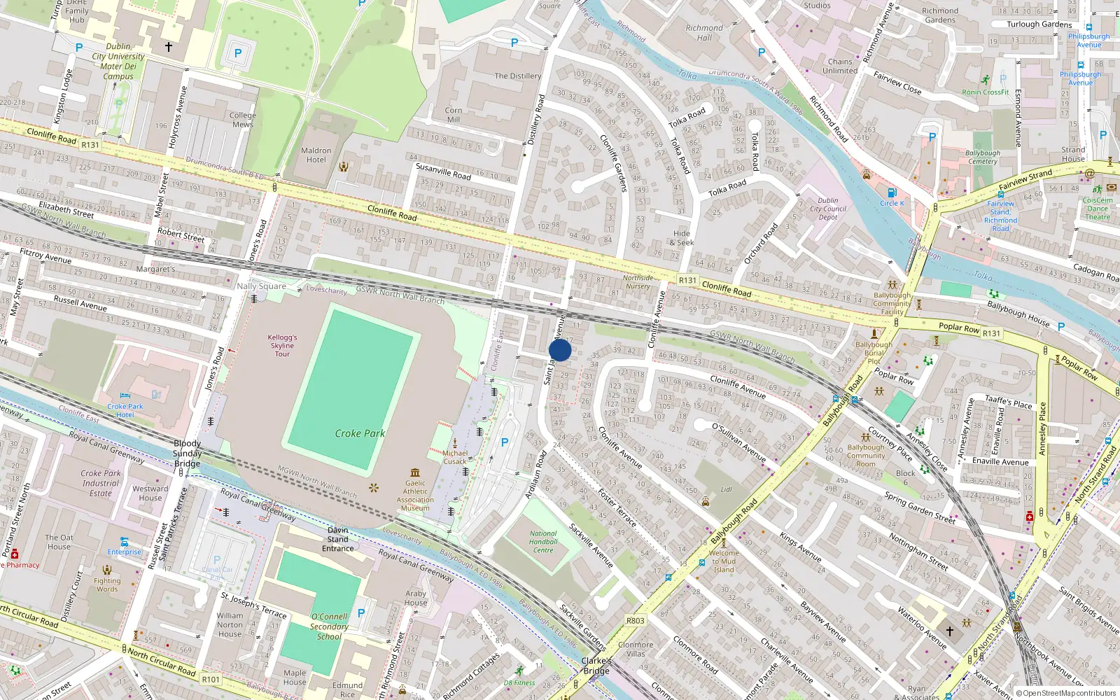 Overhead map showing the location of 21 St James Avenue, Clonliffe Road, Dublin 3