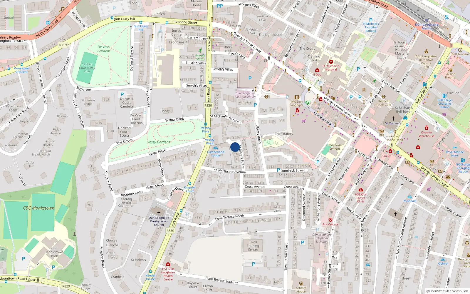Overhead map showing the location of 21 St Marys St, Dun Laoghaire, Co Dublin