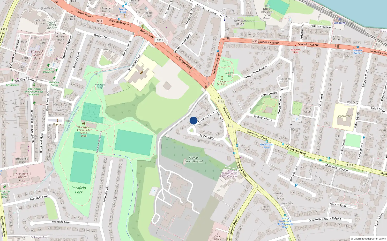 Overhead map showing the location of 21 St Vincent's Park, Temple Hill, Blackrock