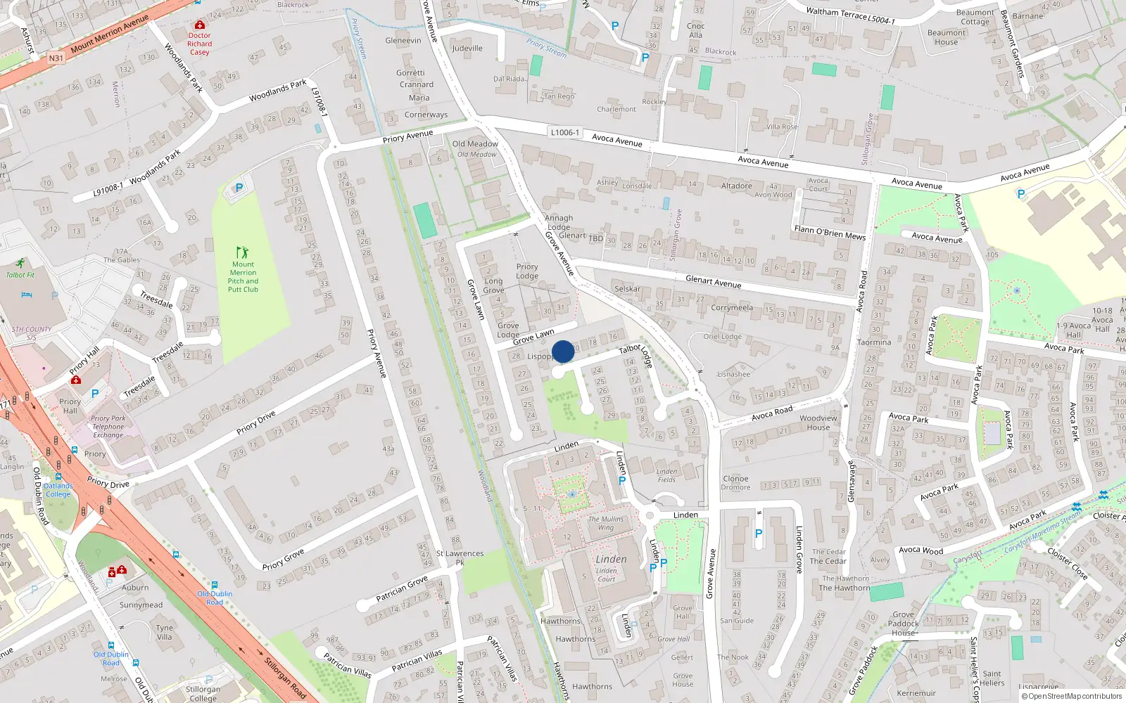 Overhead map showing the location of 21 Talbot Lodge, Grove Avenue, Blackrock
