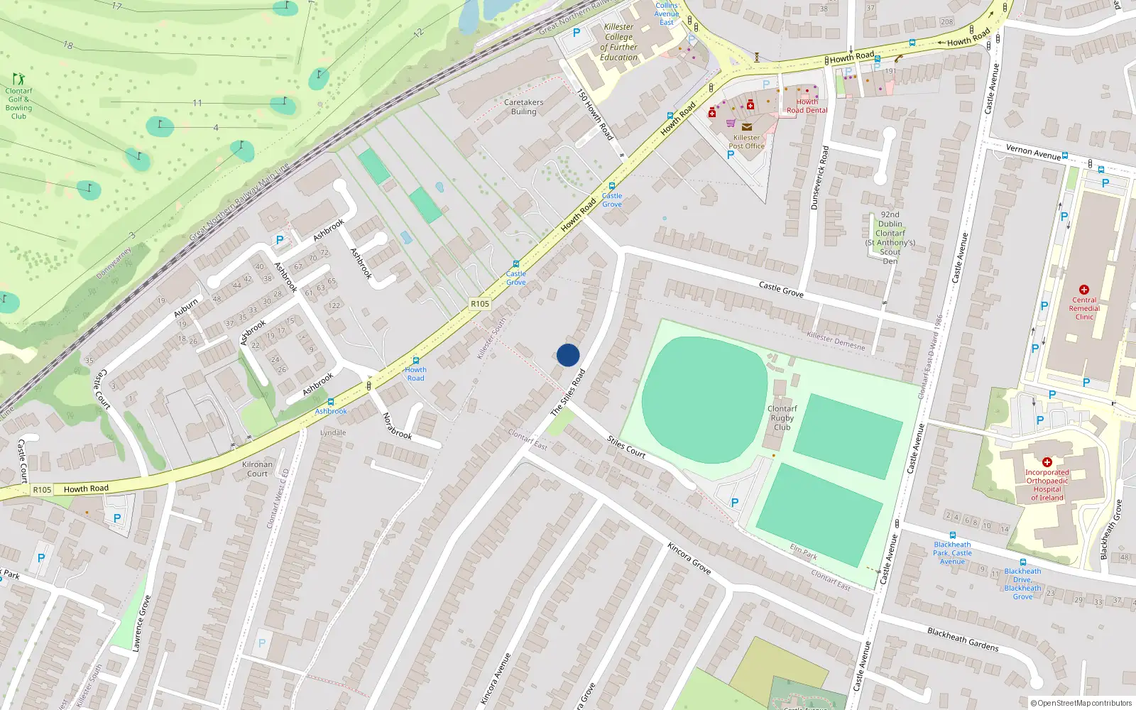 Overhead map showing the location of 21 the Stiles Road, Clontarf, Dublin 3