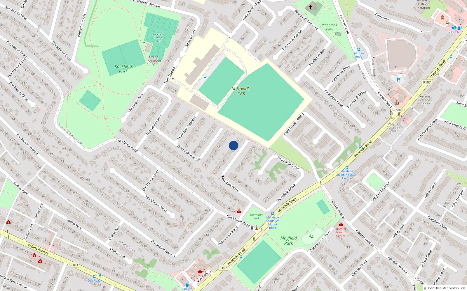 Overhead map showing the location of 21 Thorndale Drive, Artane, Dublin 5