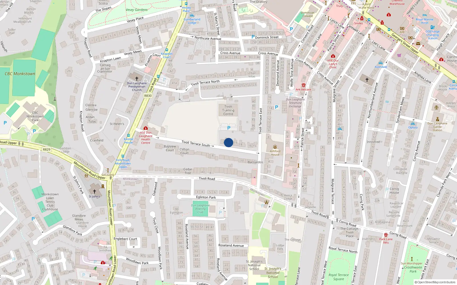 Overhead map showing the location of 21 Tivoli Terrace South, Dun Laoghaire, Dublin