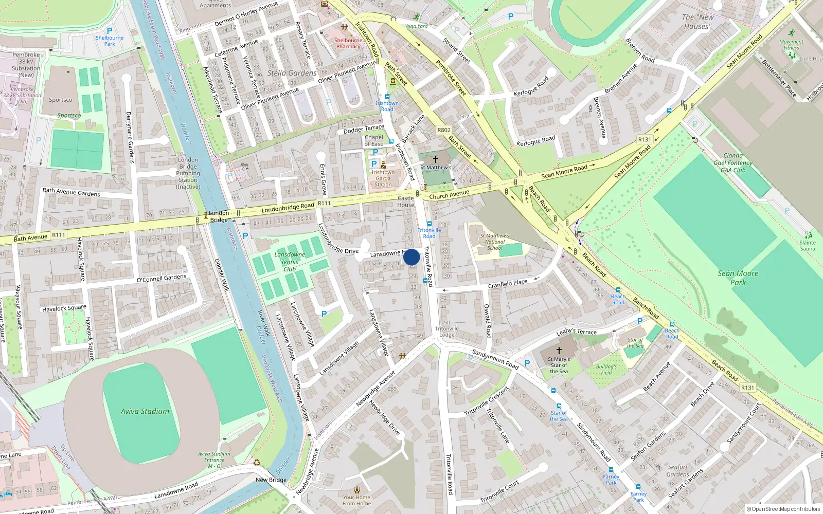 Overhead map showing the location of 21 Tritonville Road, Irishtown