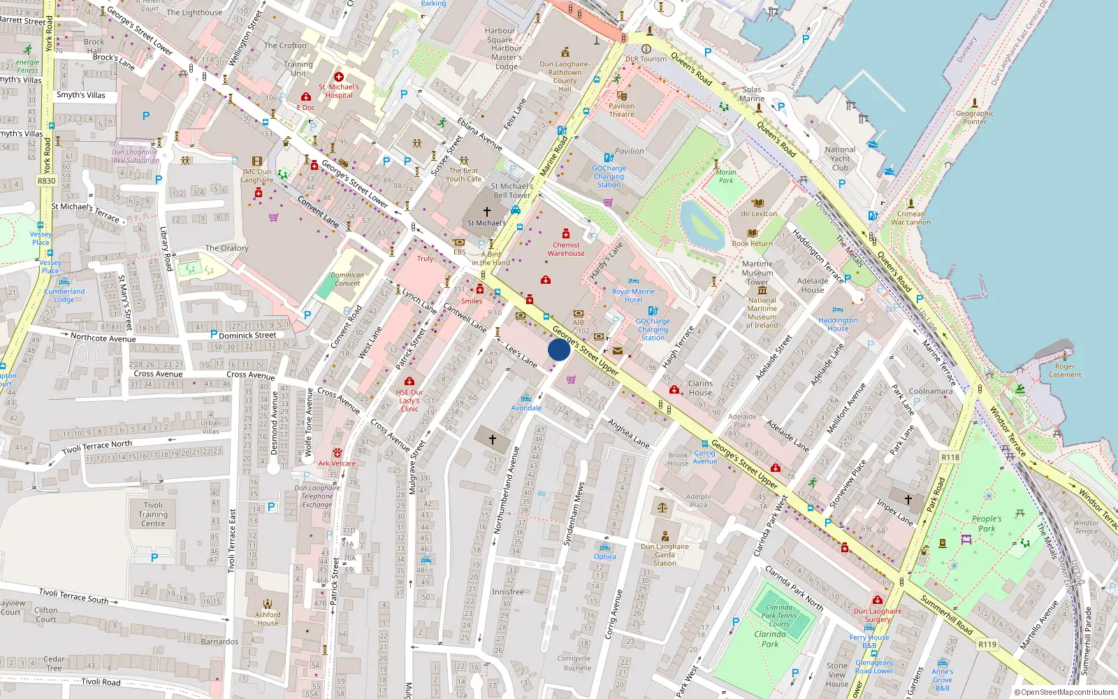 Overhead map showing the location of 21 Upper George's Street, Dun Laoghaire, Dublin