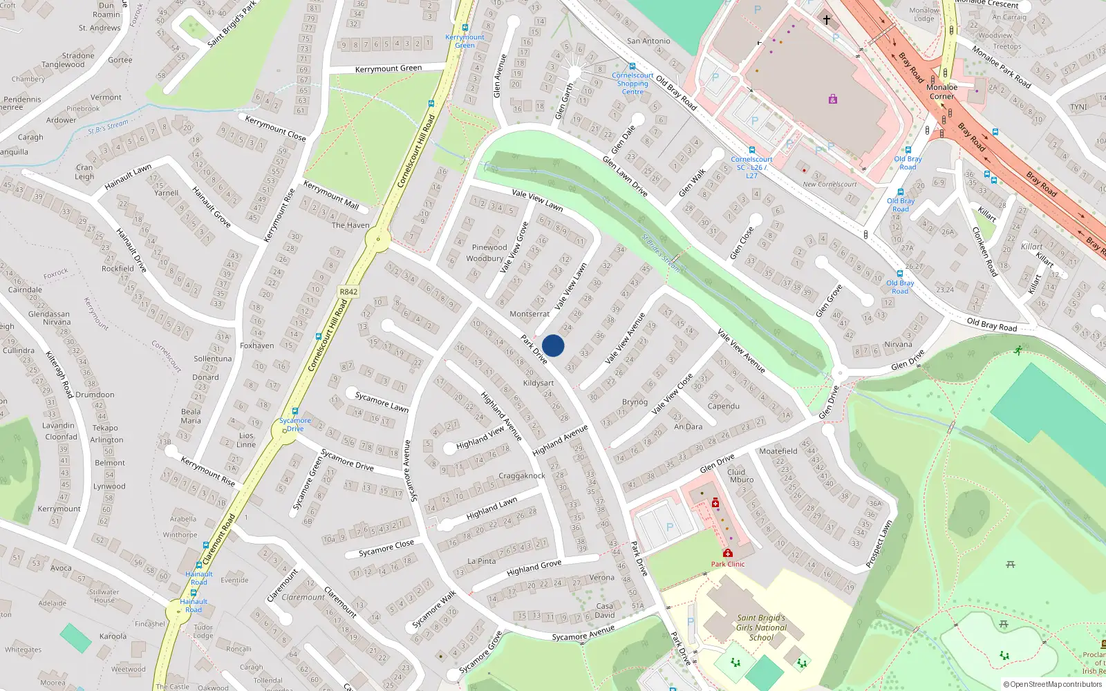 Overhead map showing the location of 21 Vale View Lawn, Dublin 18