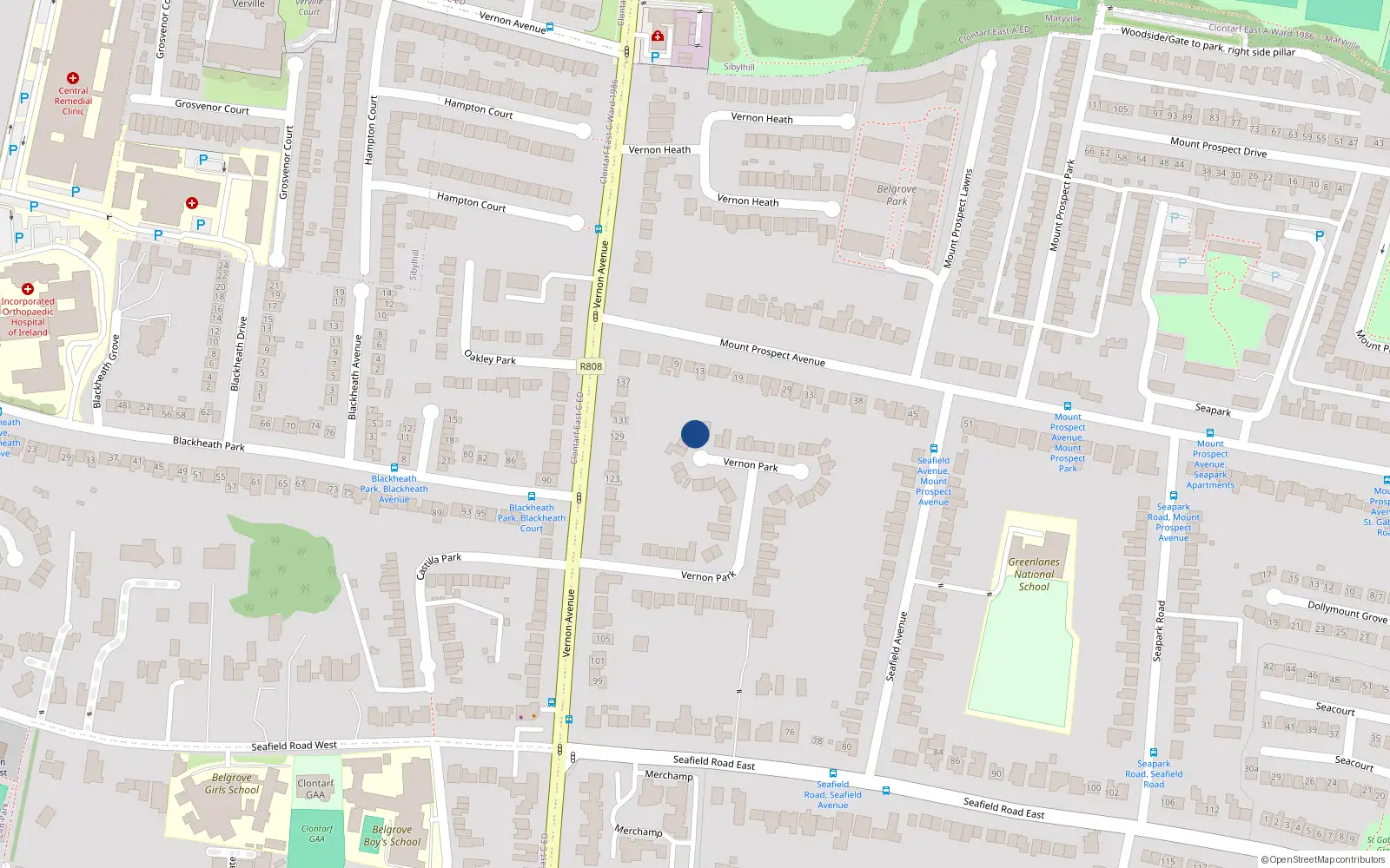 Overhead map showing the location of 21 Vernon Park, Clontarf, Dublin 3