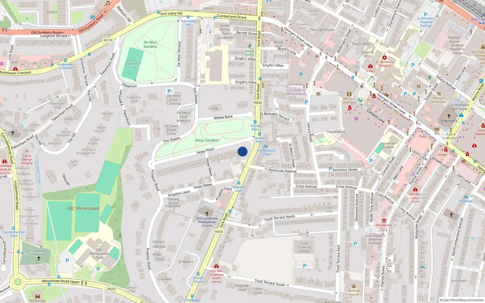 Overhead map showing the location of 21 Vesey Place, Co Dublin