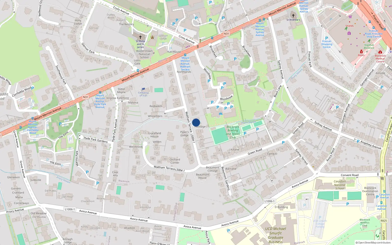 Overhead map showing the location of 21 Waltham Terrace, Blackrock, Co Dublin