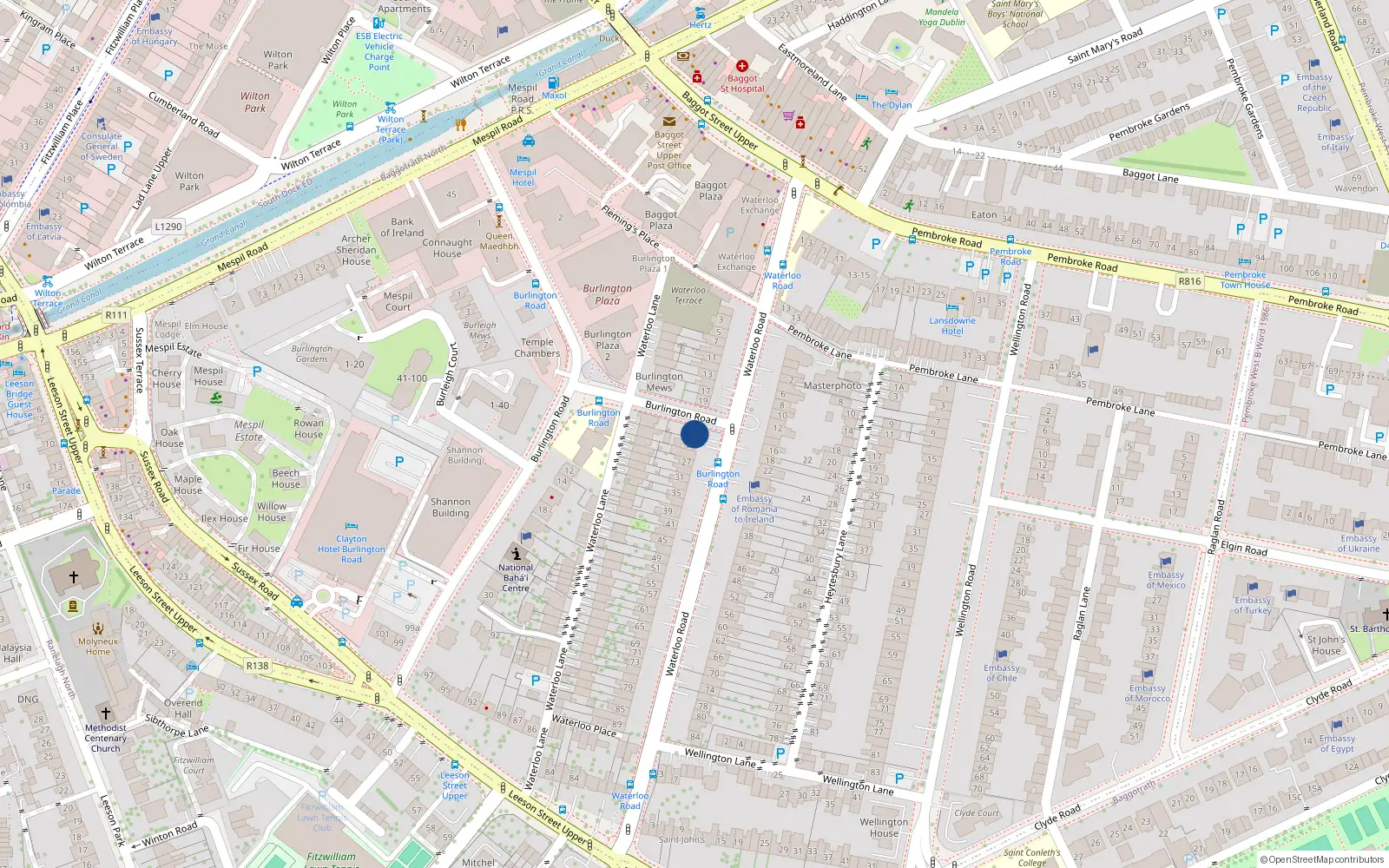 Overhead map showing the location of 21 Waterloo Road, Dublin