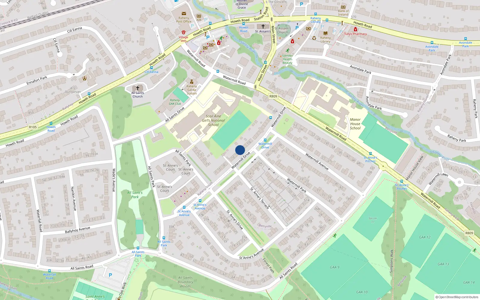 Overhead map showing the location of 21 Watermill Drive, Raheny, Dublin 5