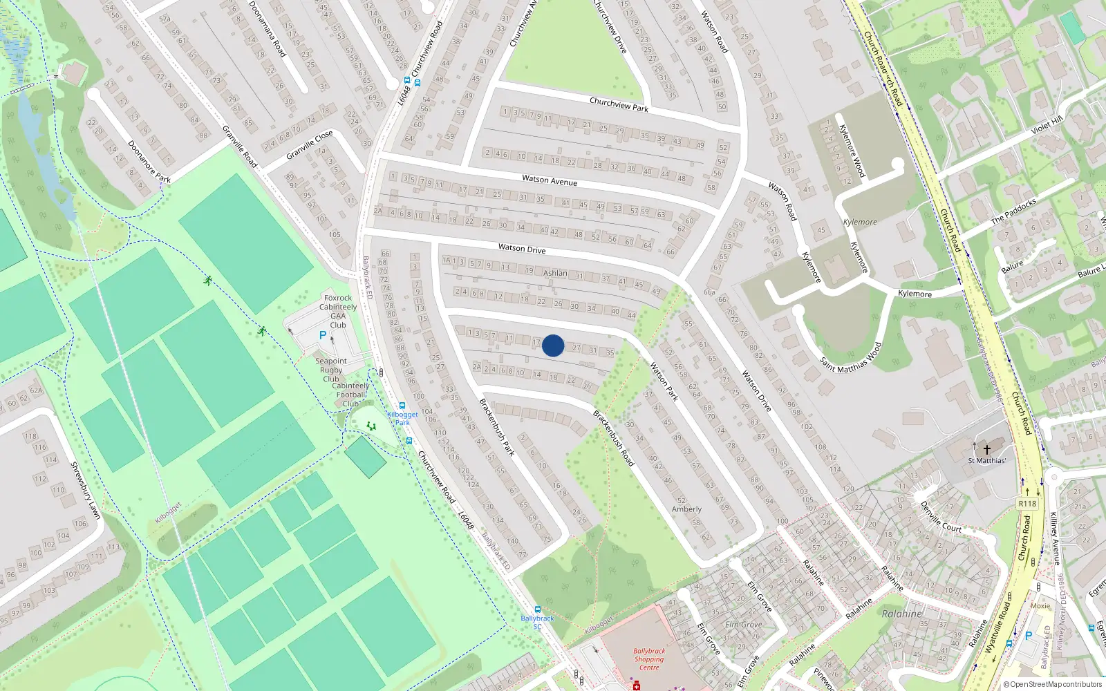 Overhead map showing the location of 21 Watson Park, Killiney, Dublin