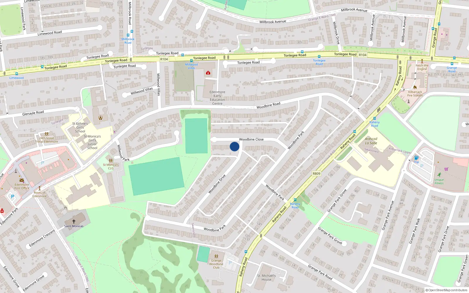 Overhead map showing the location of 21 Woodbine Close, Dublin 5