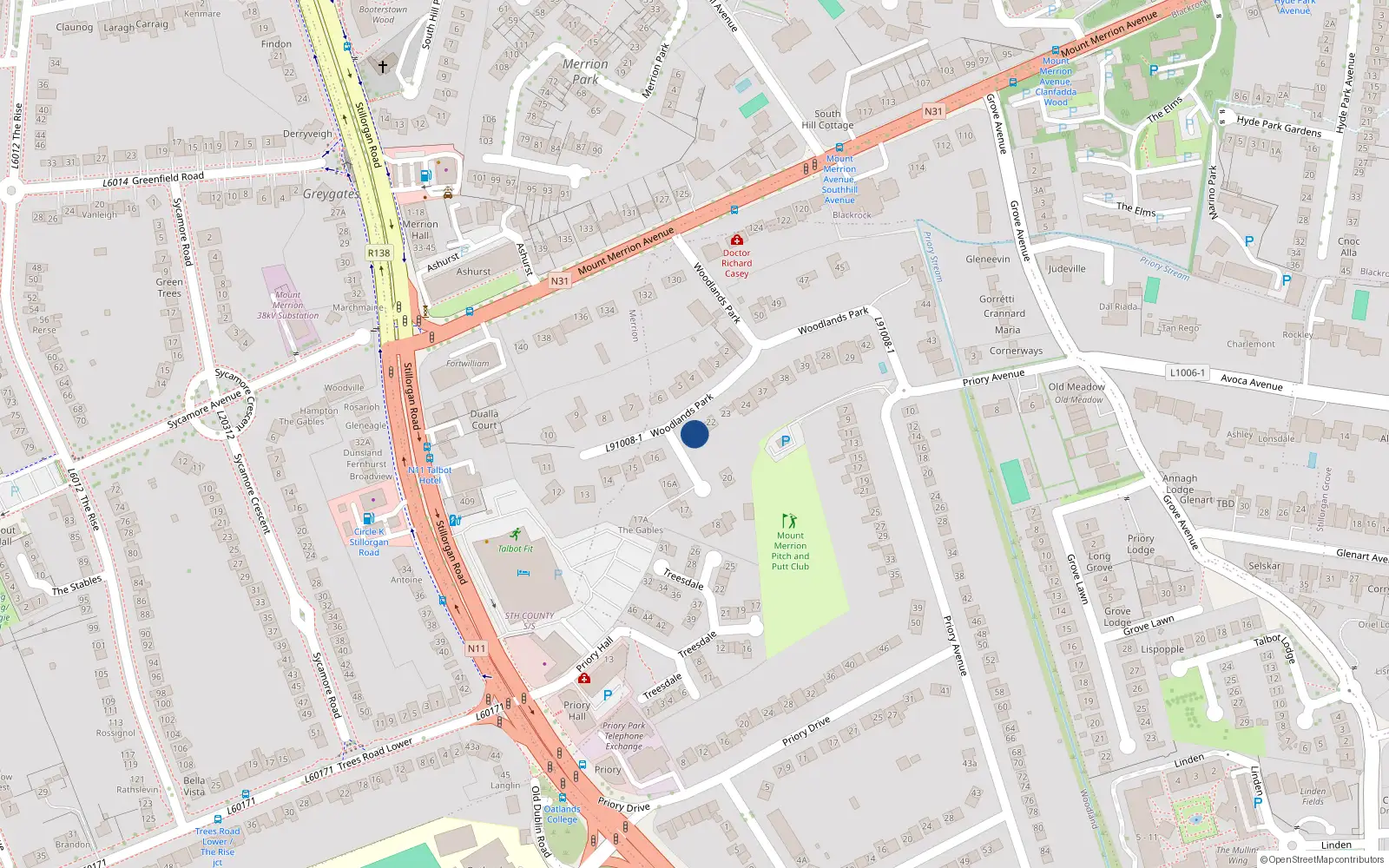 Overhead map showing the location of 21 Woodlands Park, Dublin